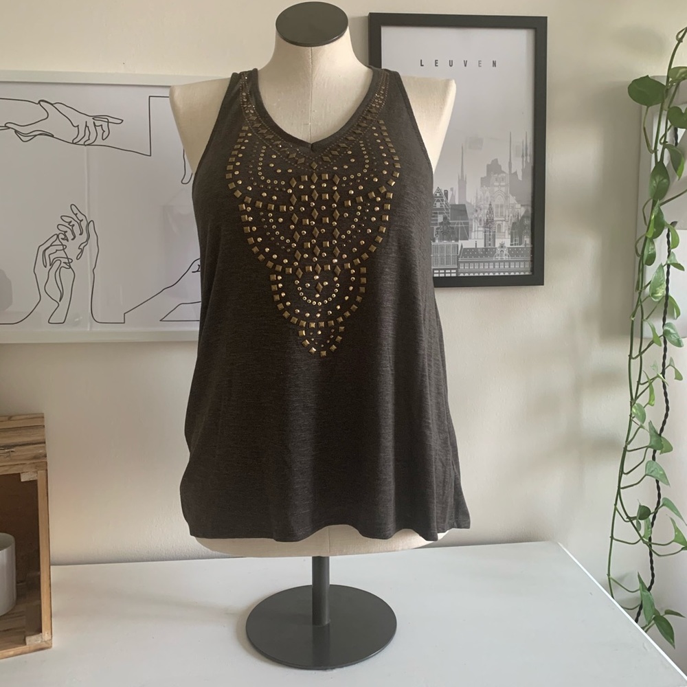Olive green tank top with gold accents